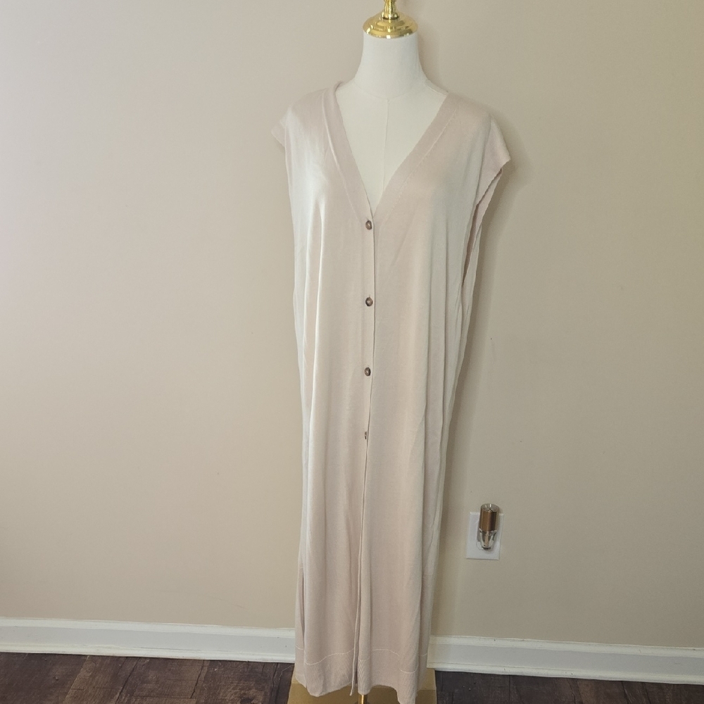H&M Sleeveless Beige Knit Maxi Dress Duster – Button-Down Minimalist Chic Large